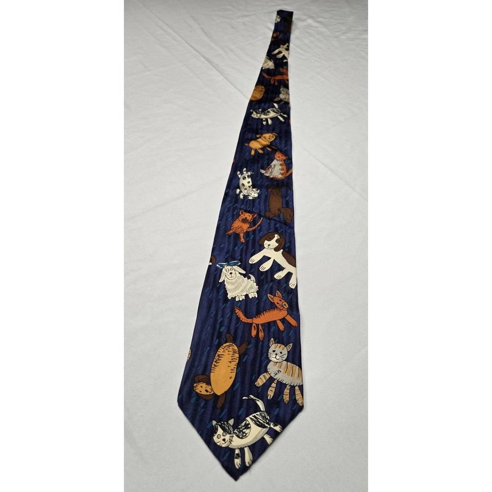 Vtg Mens Neck Tie Save The Children Raining Cats Dogs Blue 100% Silk Classic